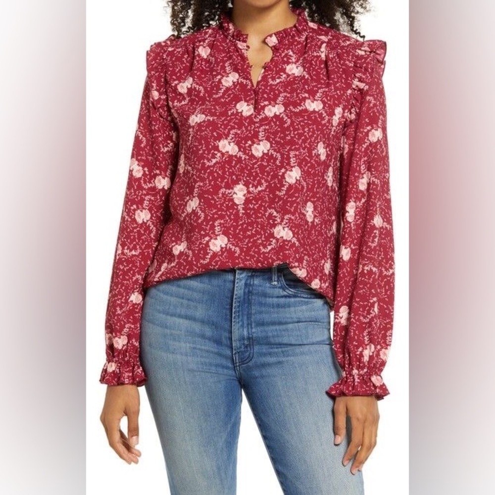 Rachel Parcell Floral Long Sleeve Blouse Red Ruffle Pit to Pit 23” Size XL